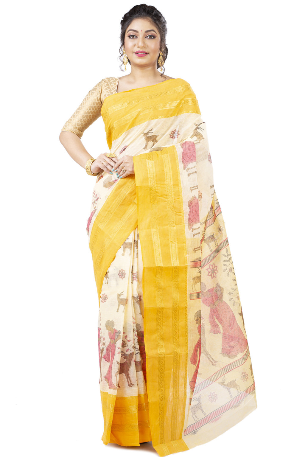 Yellow Pure Cotton Sakuntala Tant Saree Print (1956)